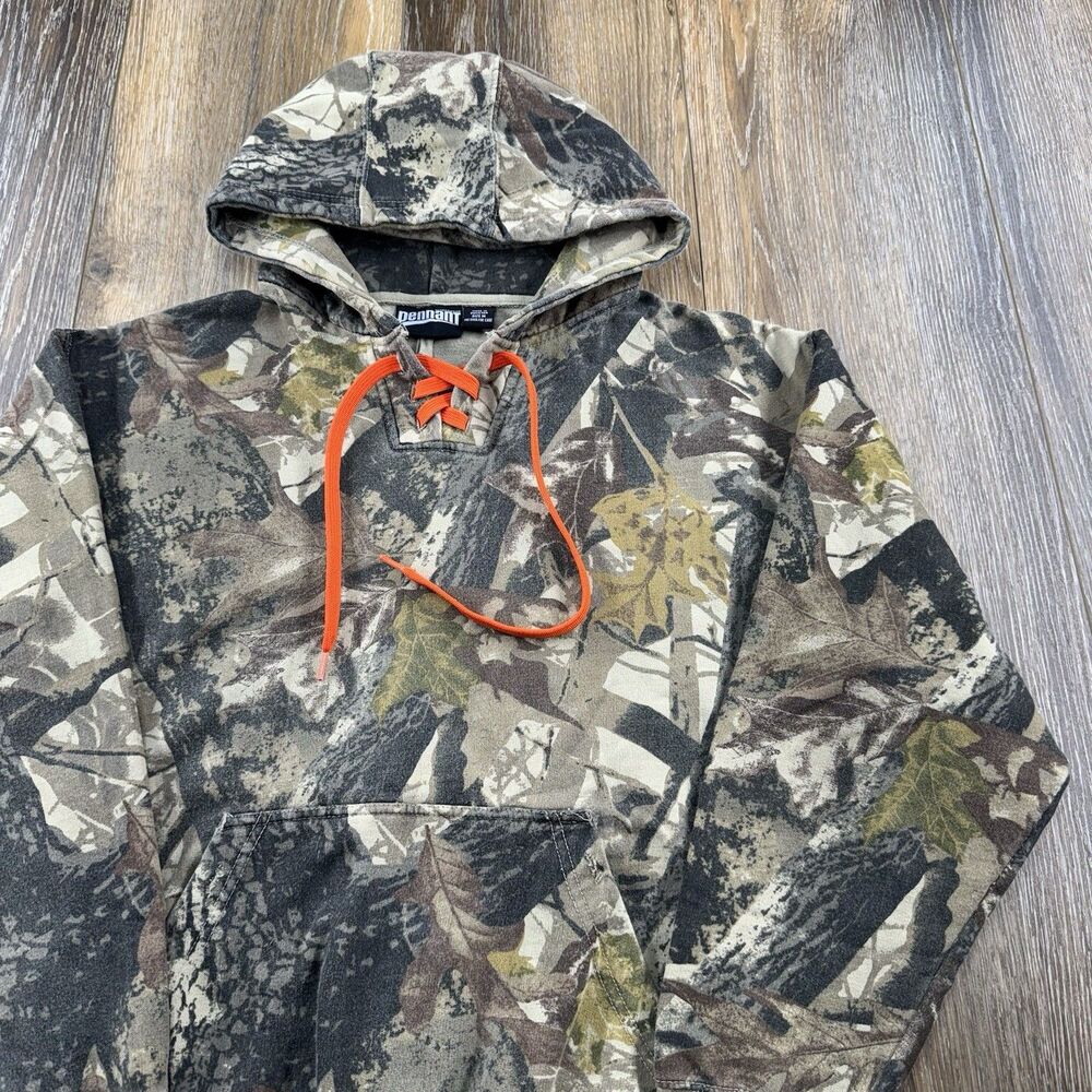 Camo Hoodie Mens M Pennant Woodland Bow Deer Hunting Sweatshirt Company Logo Y2K